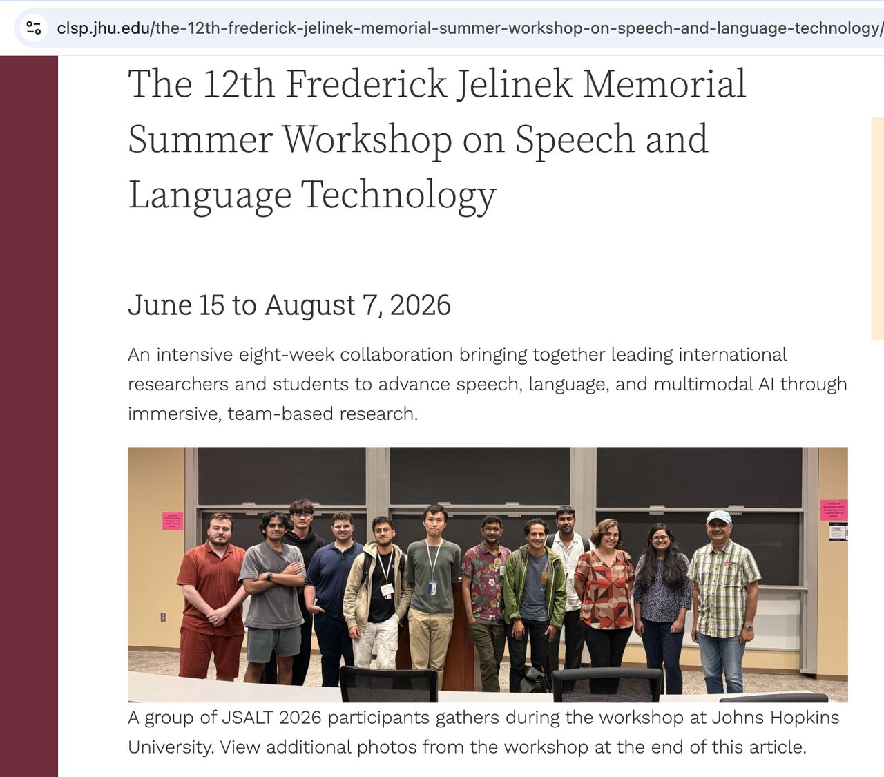 JSALT 2026 participants at Johns Hopkins University